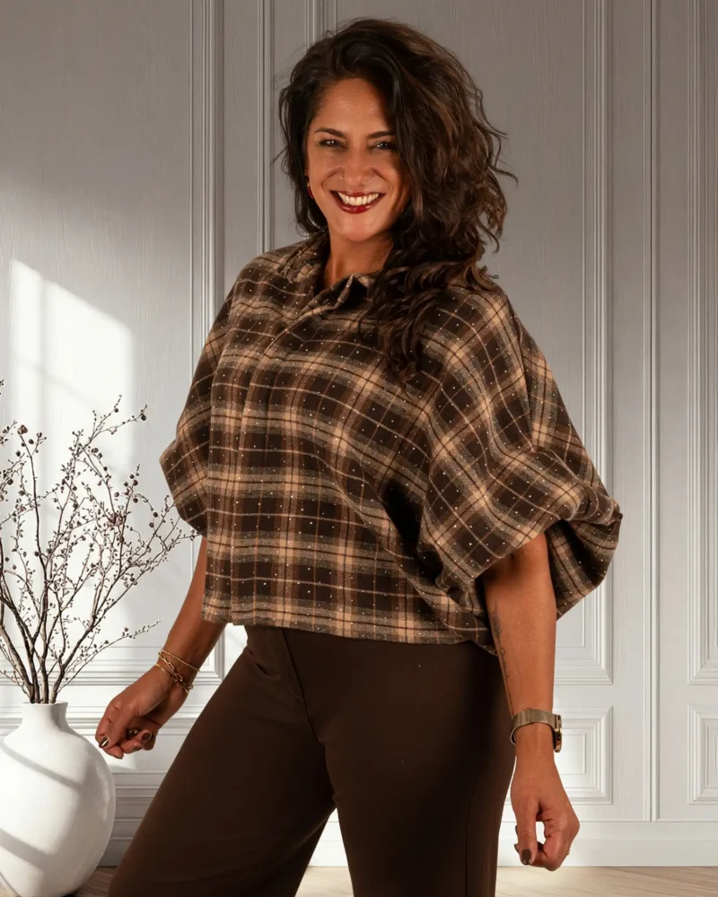 Bruin/beige geruite flanellen oversized ballonblouse met glitter van Gemma Ricceri - Afbeelding 2