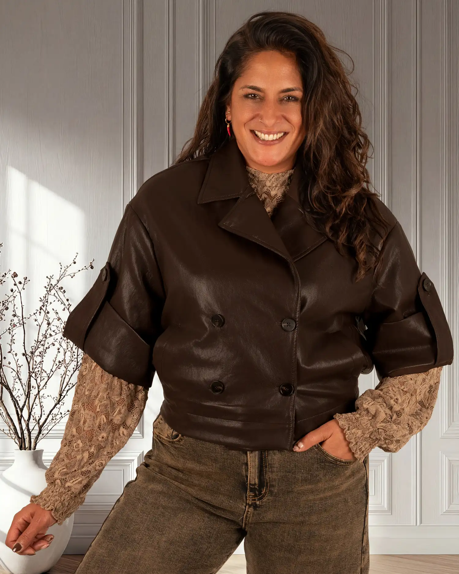 Donkerbruin leatherlook blazerjasje van Drôle de Copine - Afbeelding 3