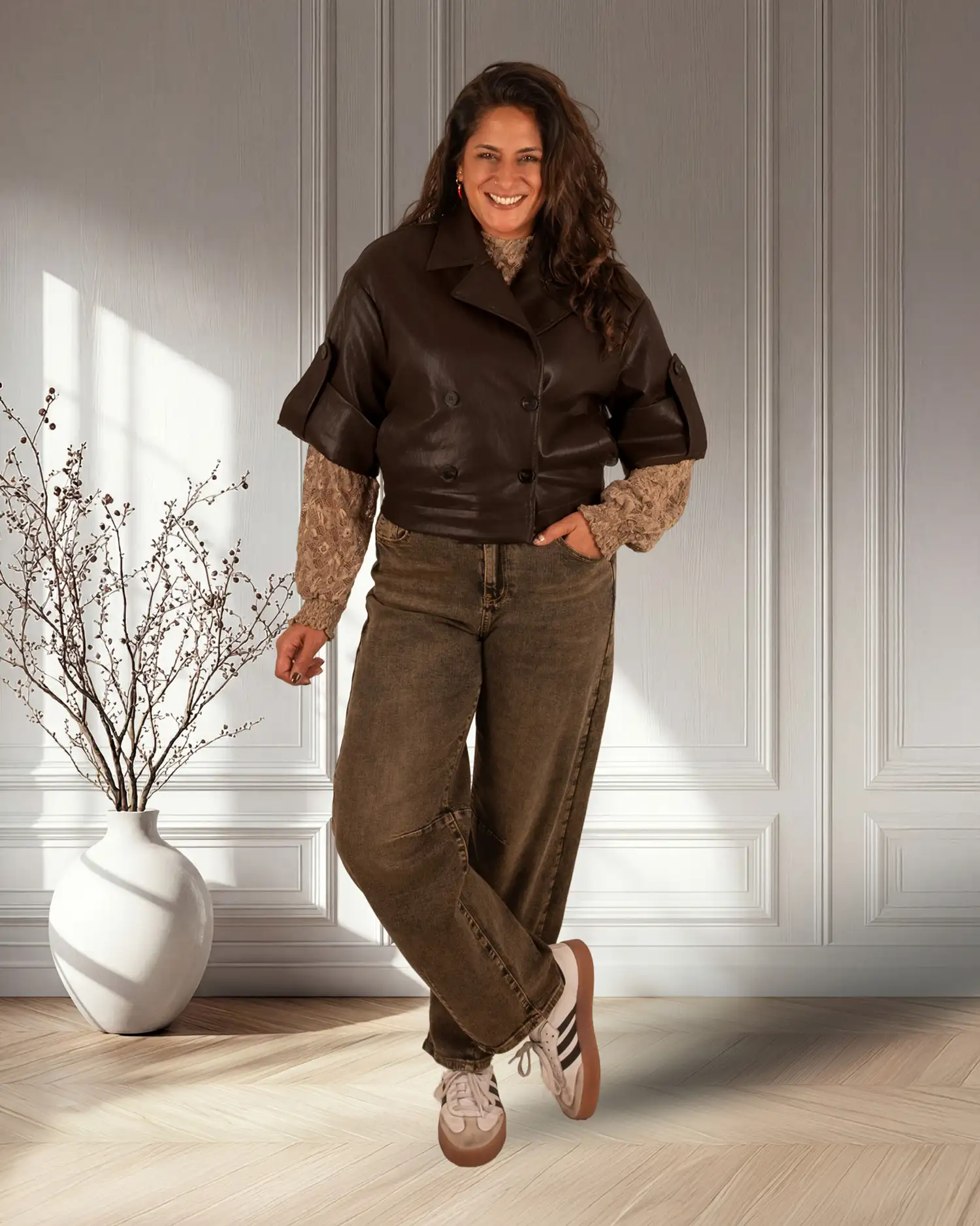 Donkerbruin leatherlook blazerjasje van Drôle de Copine - Afbeelding 2