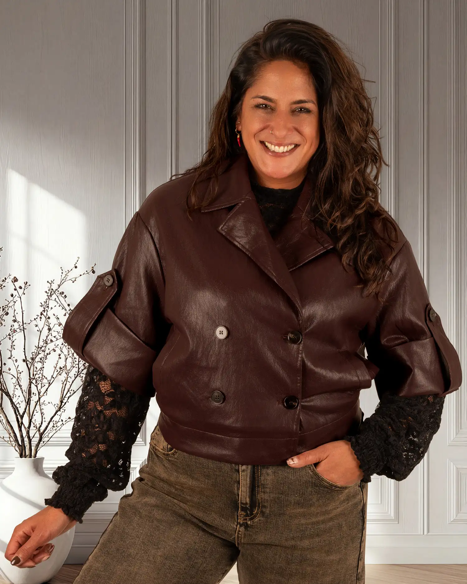 Bordeaux leatherlook blazerjasje van Drôle de Copine - Afbeelding 3