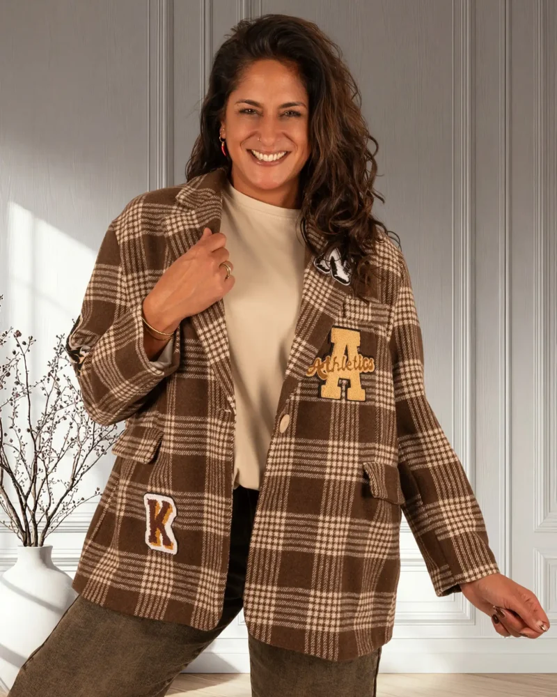Bruin/beige oversized blazer met applicaties van Zeta Otto