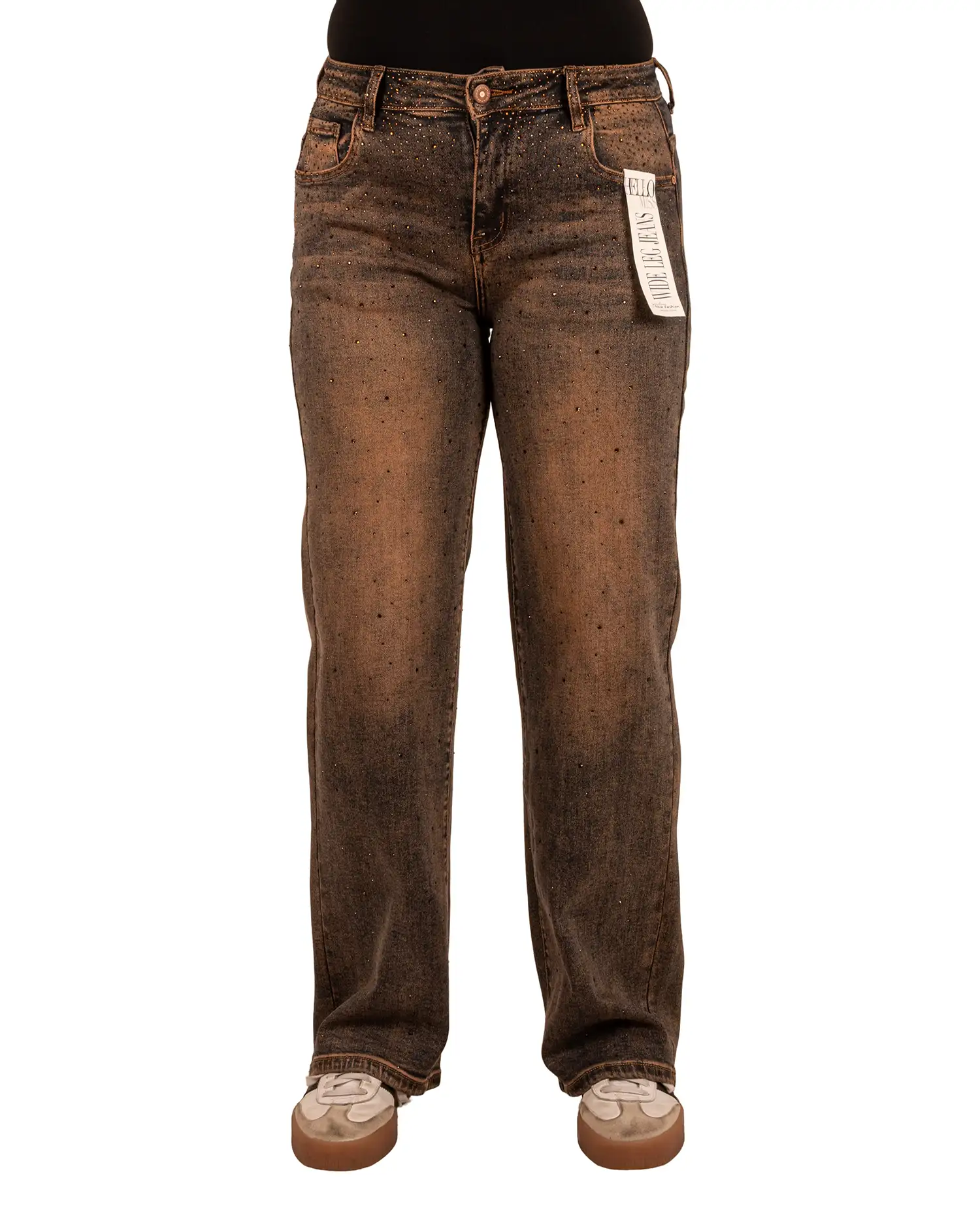 Dirty wash wide leg jeans strass van Hello Miss - Afbeelding 4