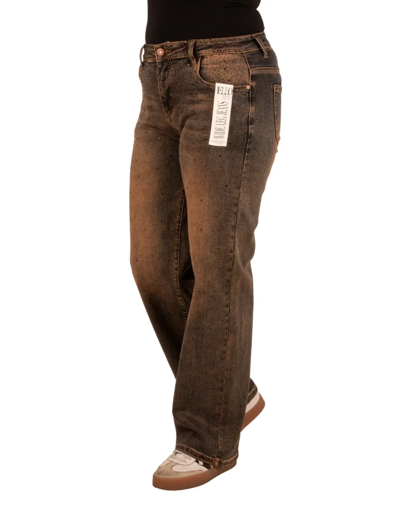 Dirty wash wide leg jeans strass van Hello Miss - Afbeelding 2