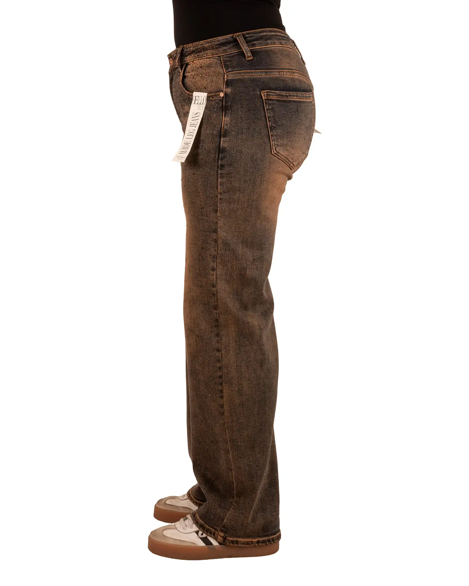 Dirty wash wide leg jeans strass van Hello Miss - Afbeelding 3