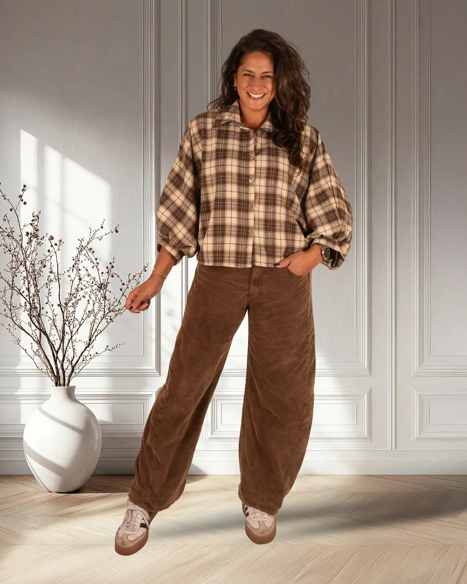 Beige/bruin geruite flanellen oversized blouse van BM - Afbeelding 3