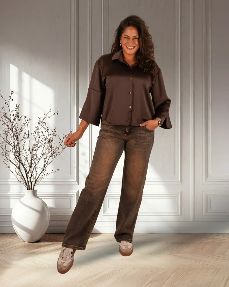 Dirty wash wide leg jeans strass van Hello Miss