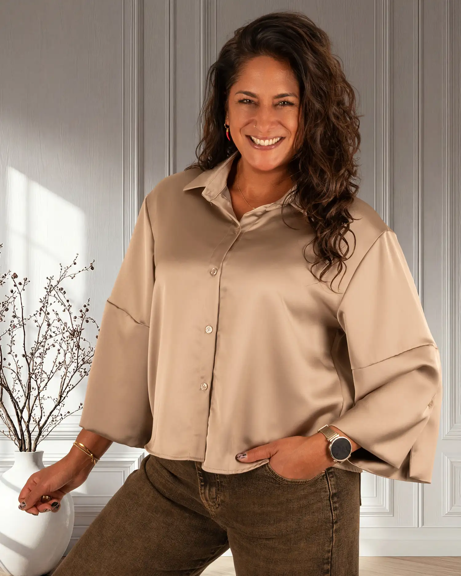 Beige glans blouse van Gemma Ricceri - Afbeelding 3