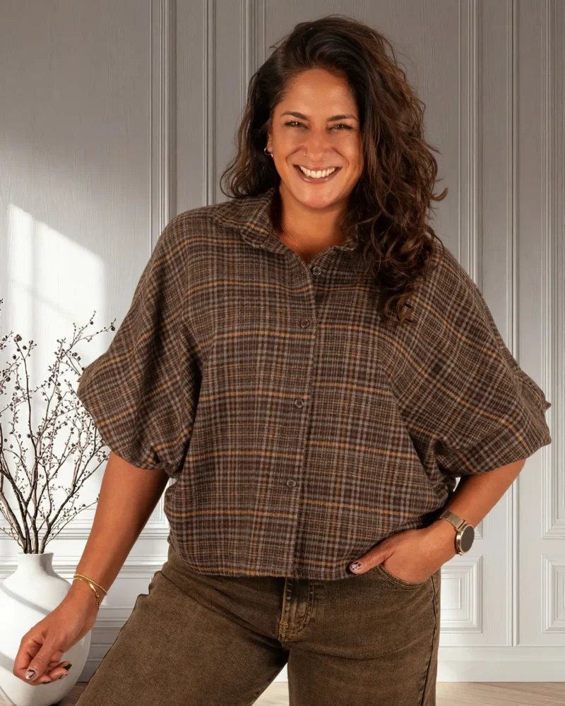 Grijs/zwart/camel geruite flanellen oversized blouse van El-Vita - Afbeelding 2