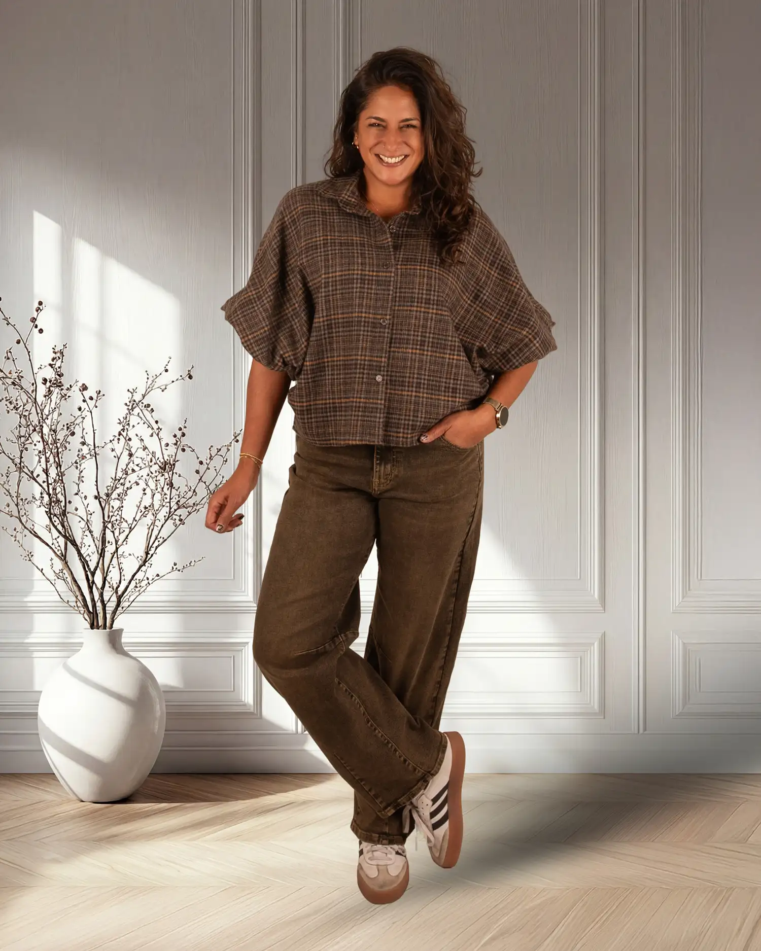 Grijs/zwart/camel geruite flanellen oversized blouse van El-Vita - Afbeelding 3