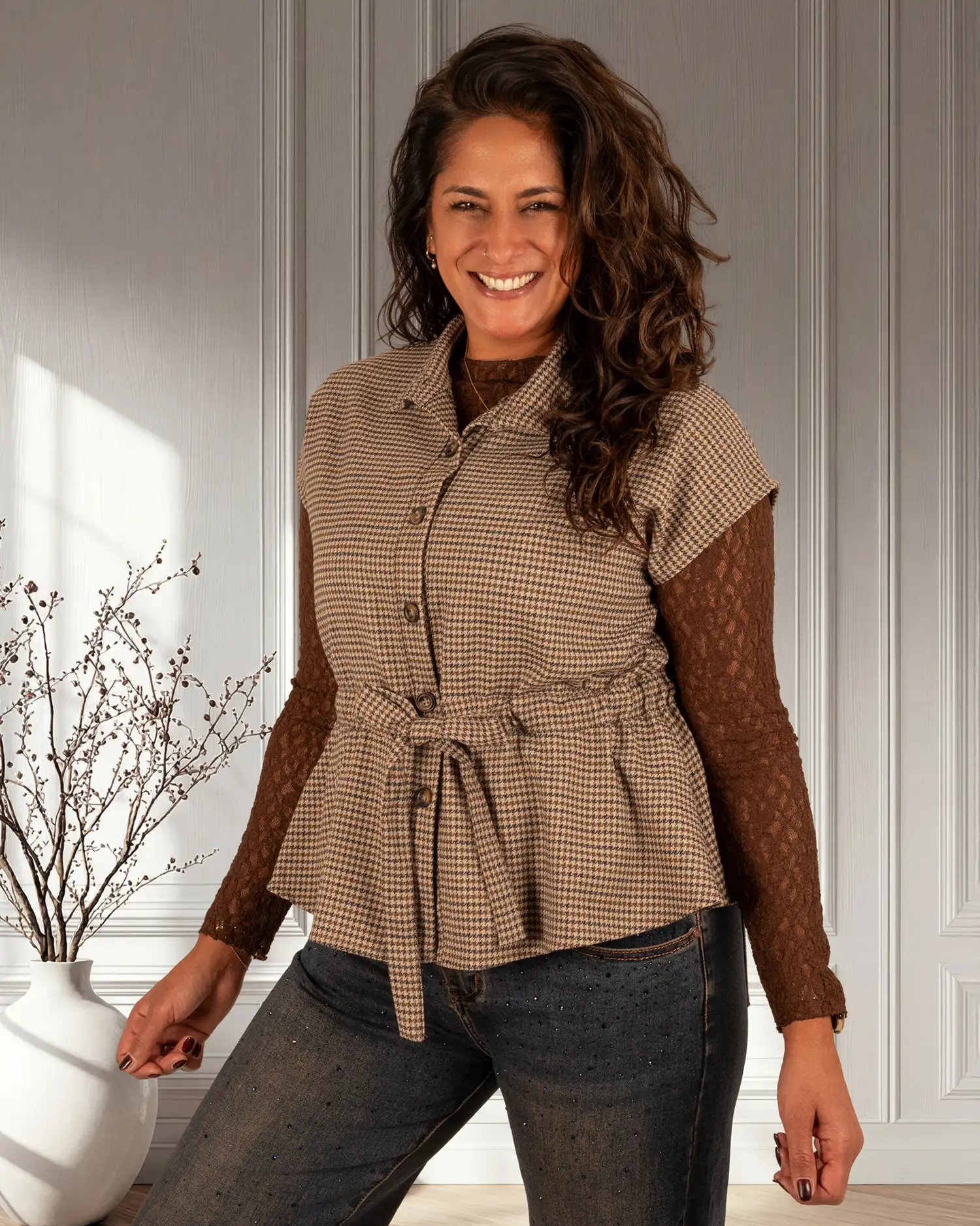 Bruin/taupe/zwart geruit gilet van Gemma Ricceri - Afbeelding 3