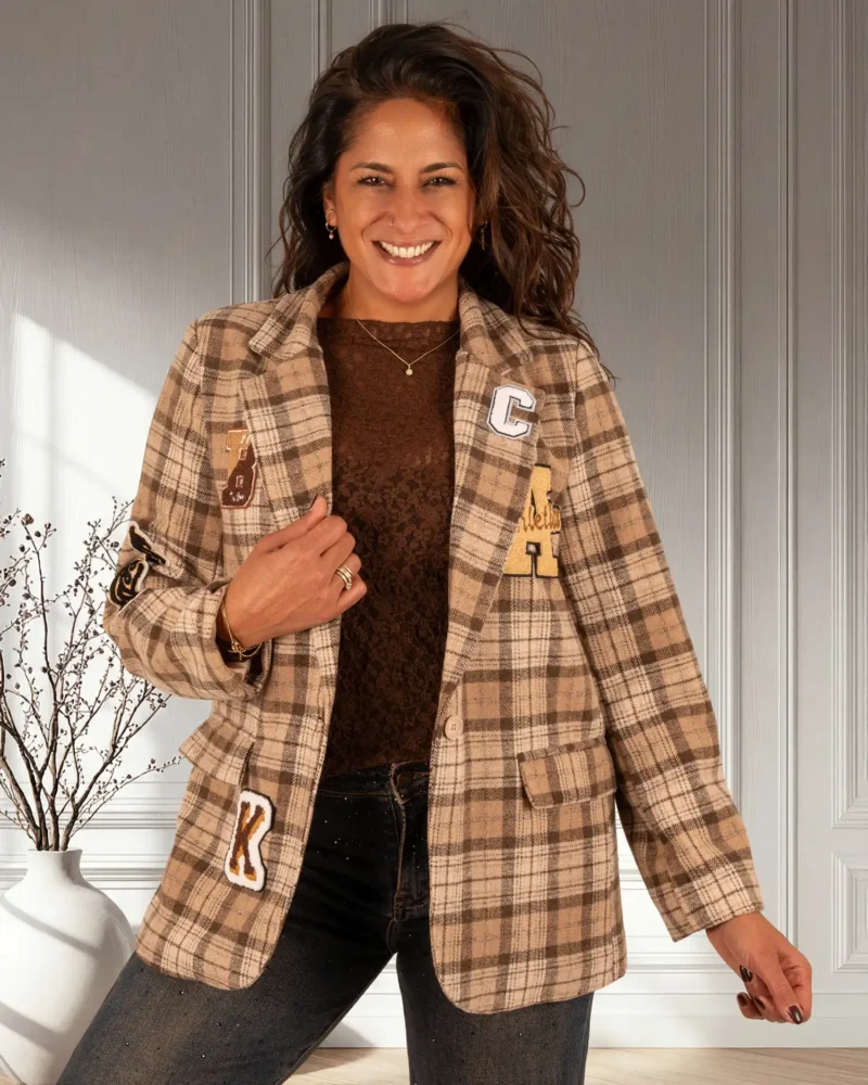 Beige/bruin geruite blazer met applicaties van El-Vita