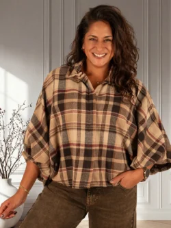 Beige/zwart/bordeaux geruite flanellen oversized blouse van El-Vita