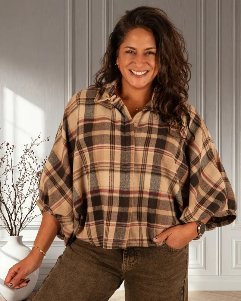 Beige/zwart/bordeaux geruite flanellen oversized blouse van El-Vita