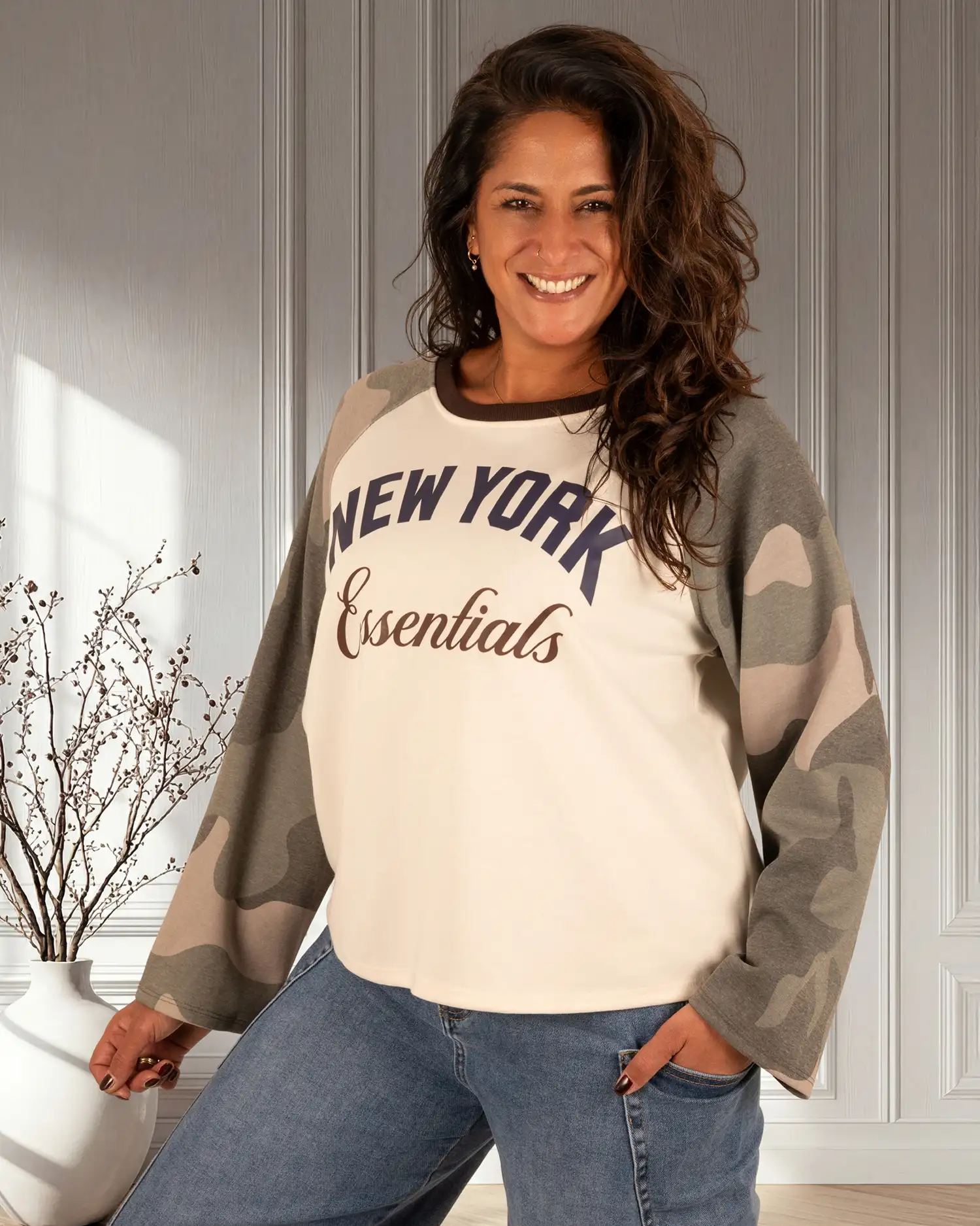 Ecru/army sweater "New York" van Savinni - Afbeelding 3