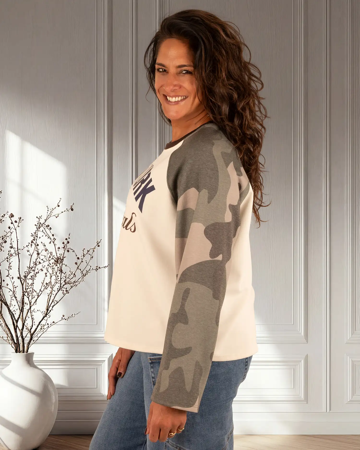 Ecru/army sweater "New York" van Savinni - Afbeelding 4