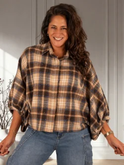 Beige/bruin/blauw geruite flanellen oversized blouse strass van GR