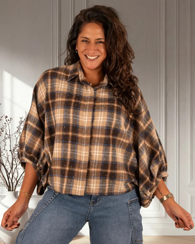 Beige/bruin/blauw geruite flanellen oversized blouse strass van GR