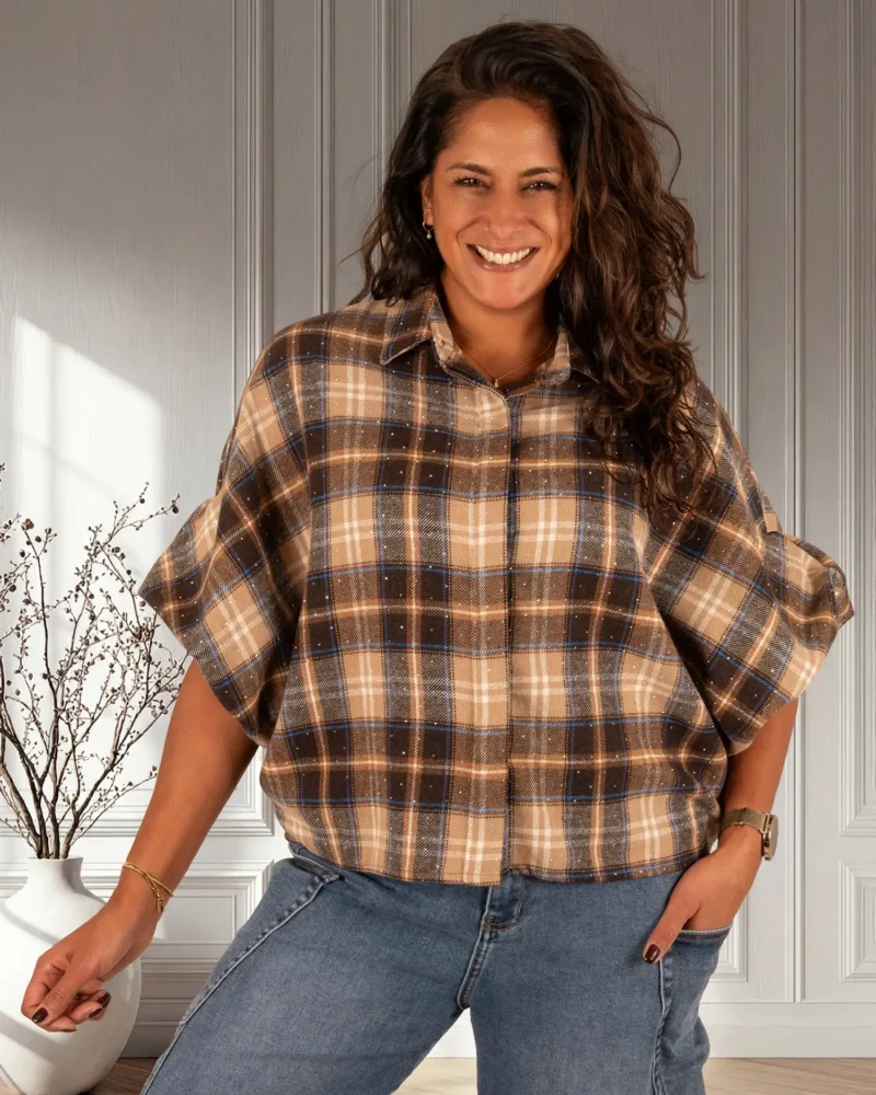 Beige/bruin/blauw geruite flanellen oversized blouse strass van GR - Afbeelding 2