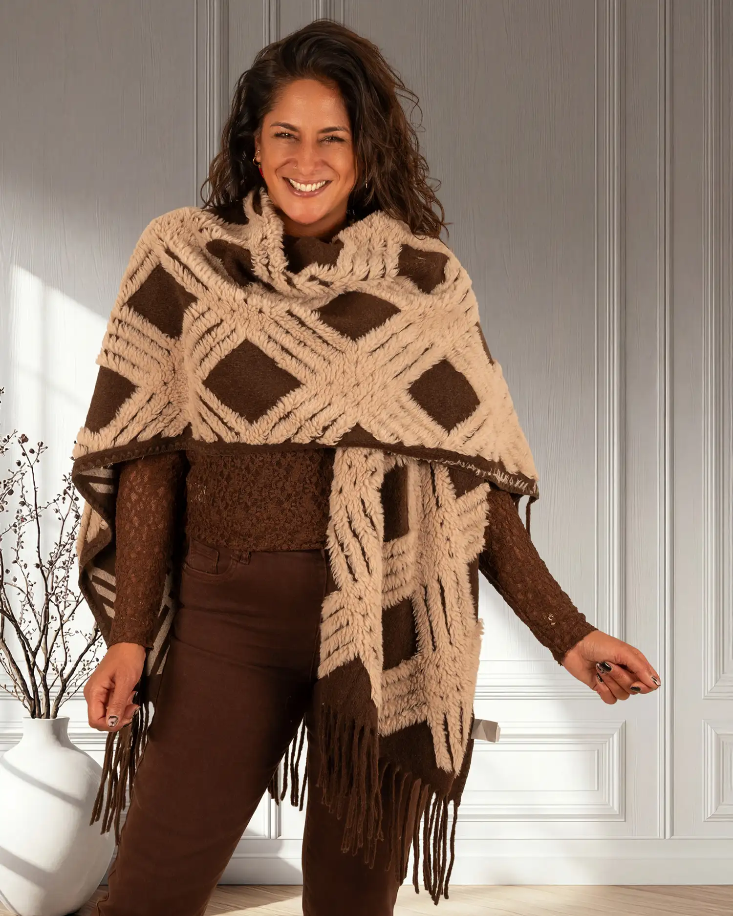 Bruin/beige poncho van Lamiar - Afbeelding 3