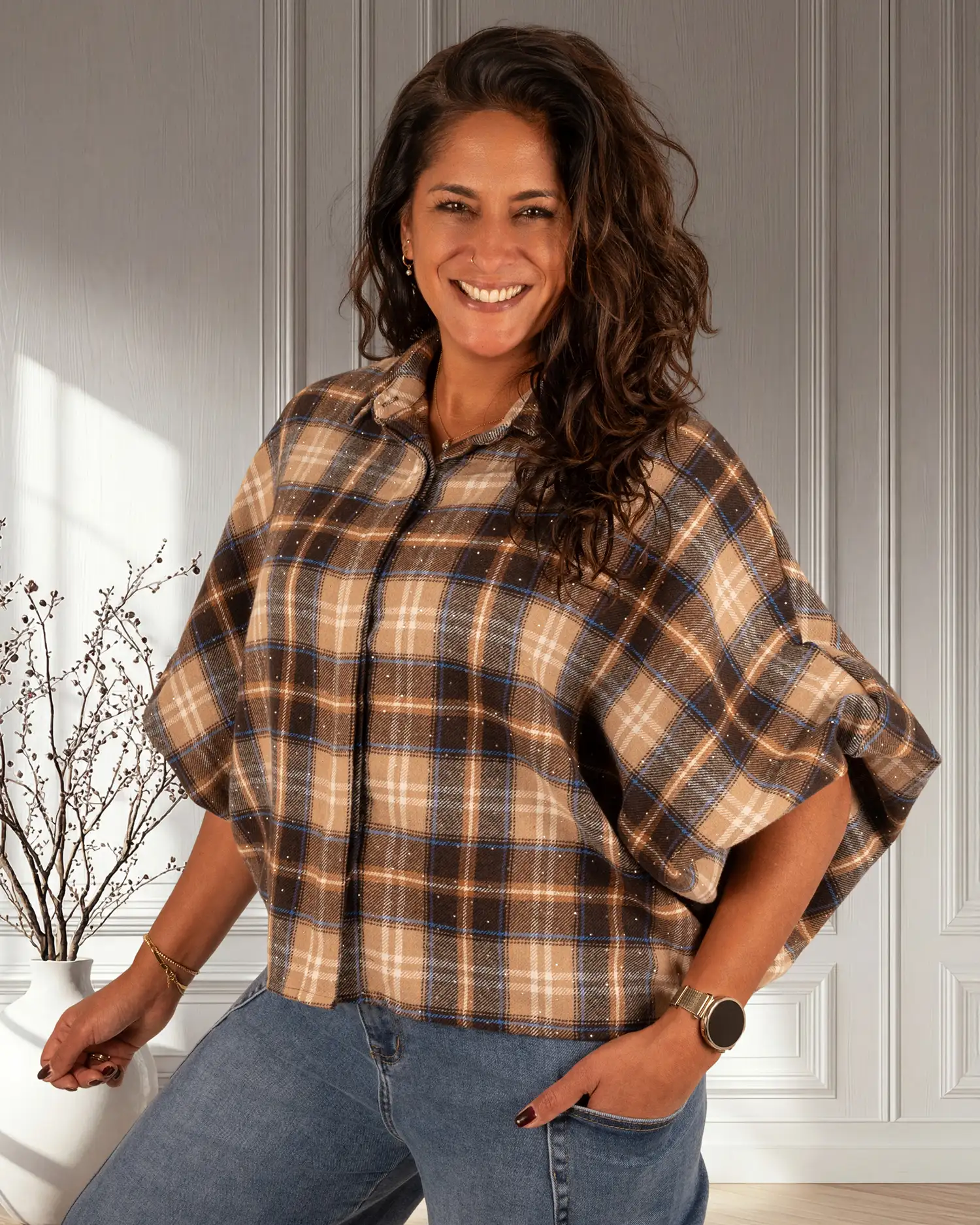 Beige/bruin/blauw geruite flanellen oversized blouse strass van GR - Afbeelding 4