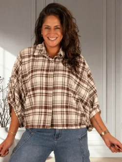 Ecru/bordeaux geruite flanellen oversized blouse strass van Vera Jo
