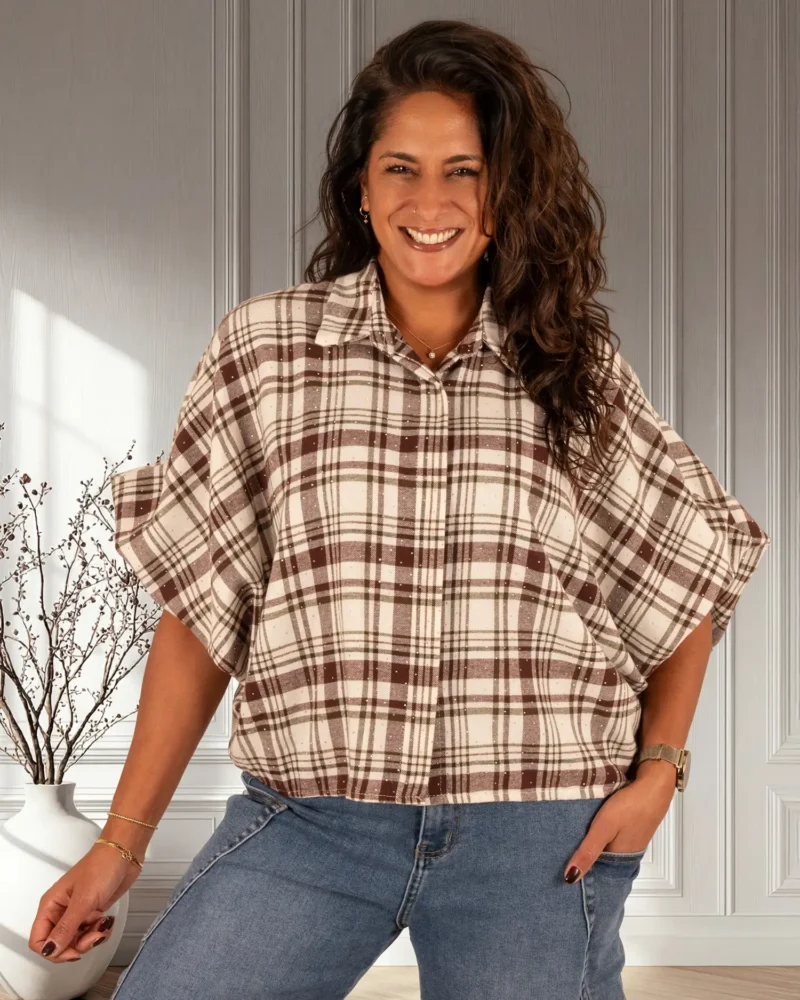 Ecru/bordeaux geruite flanellen oversized blouse strass van Vera Jo - Afbeelding 2