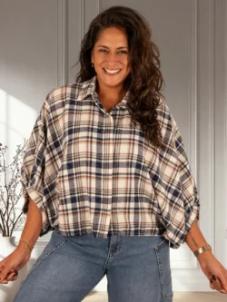 Ecru/blauw geruite flanellen oversized blouse strass van Vera Jo