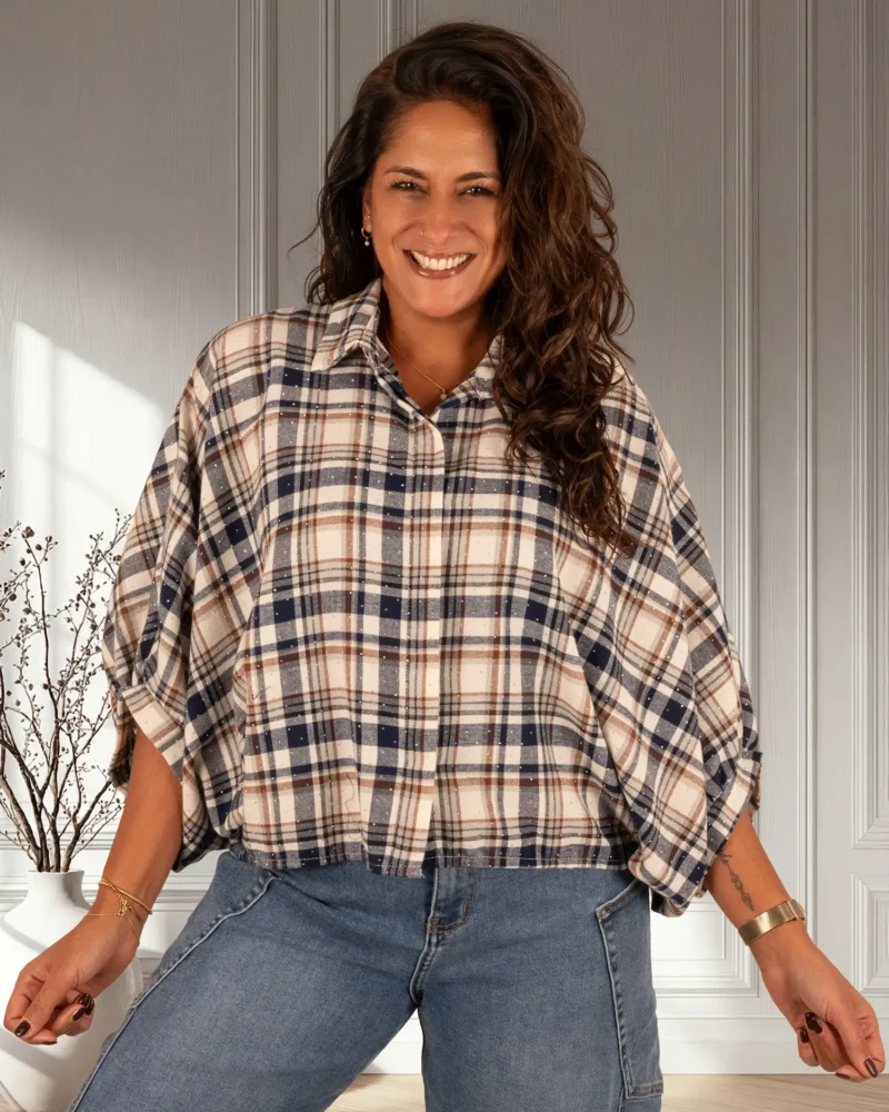 Ecru/blauw geruite flanellen oversized blouse strass van Vera Jo