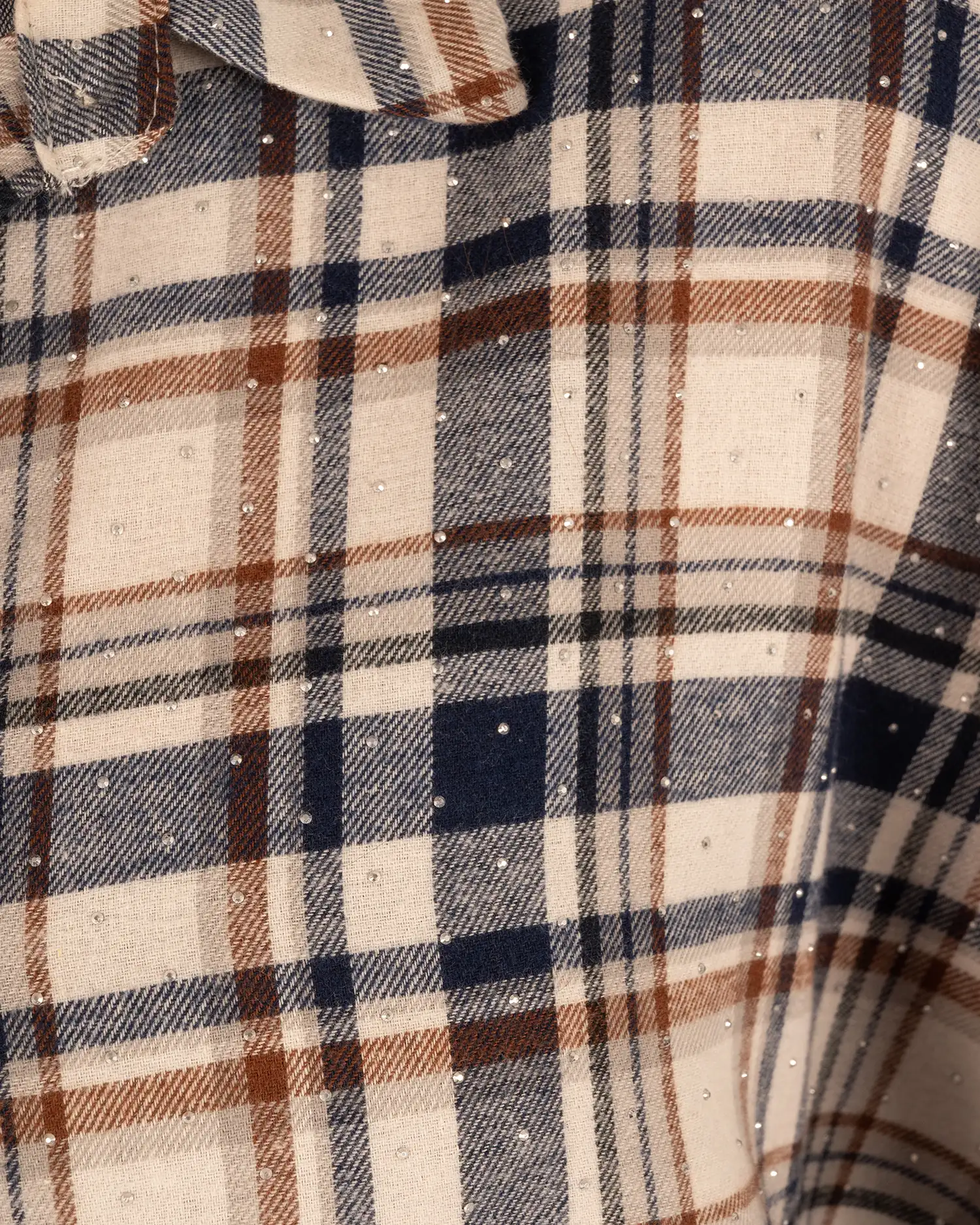 Ecru/blauw geruite flanellen oversized blouse strass van Vera Jo - Afbeelding 6