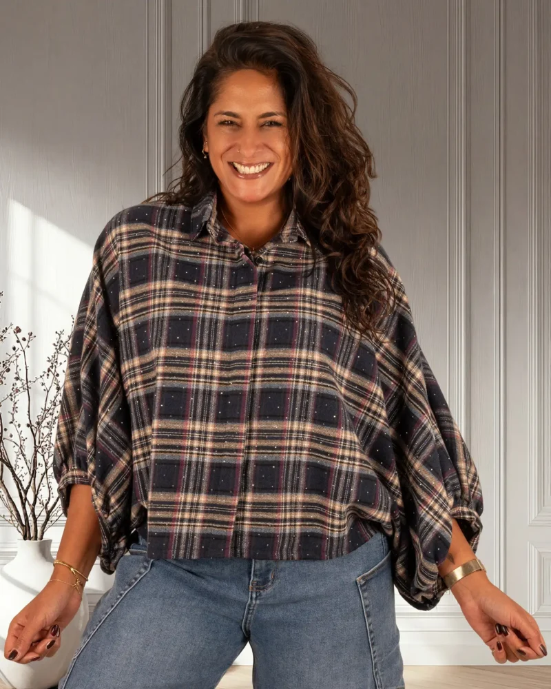 Donkerblauw geruite flanellen oversized blouse strass van GR