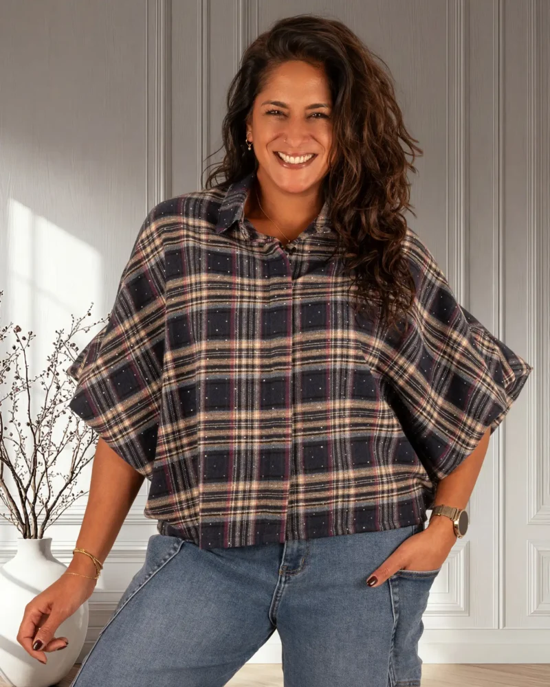 Donkerblauw geruite flanellen oversized blouse strass van GR - Afbeelding 2