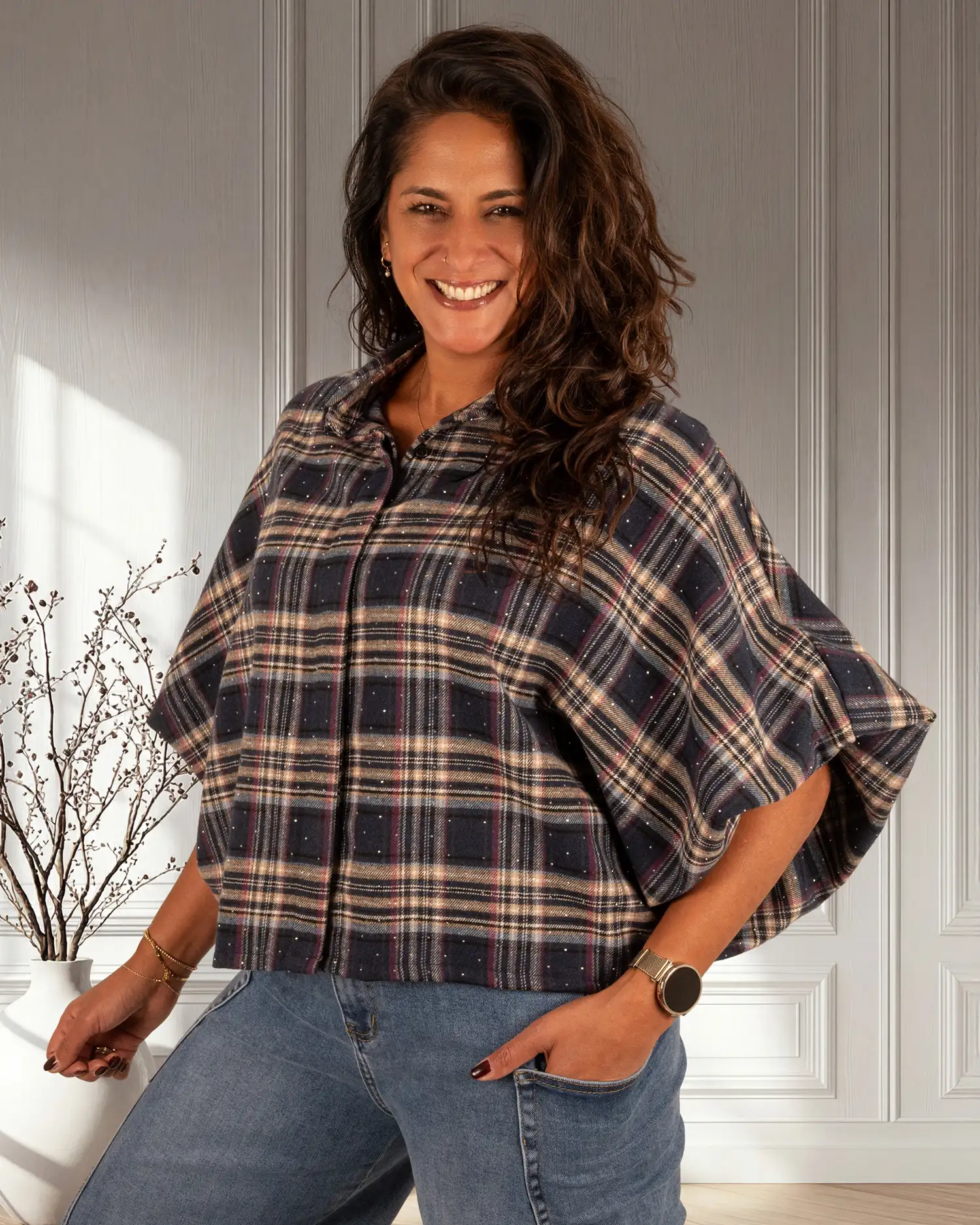 Donkerblauw geruite flanellen oversized blouse strass van GR - Afbeelding 4