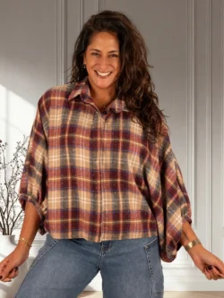 Bordeaux/camel geruite flanellen oversized blouse strass van GR