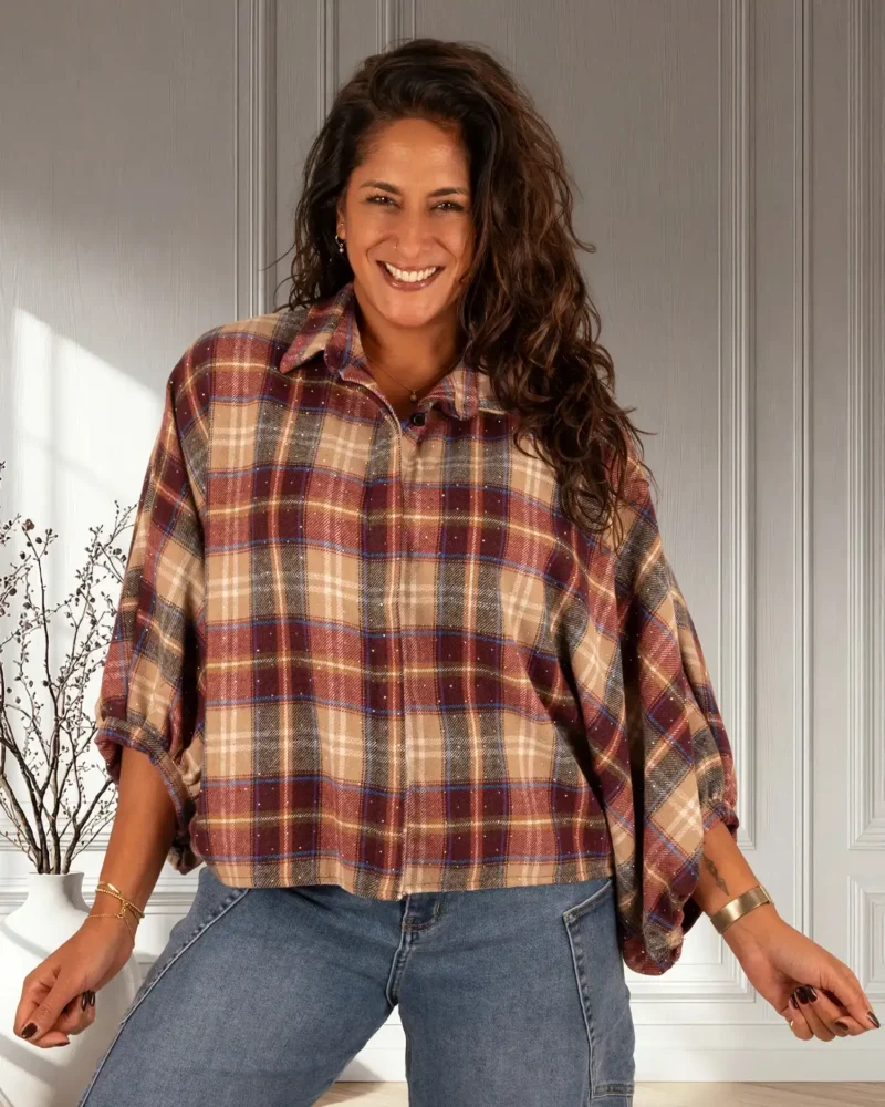 Bordeaux/camel geruite flanellen oversized blouse strass van GR