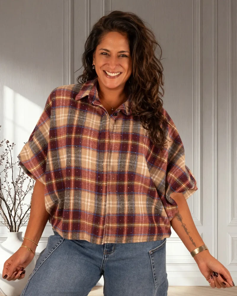 Bordeaux/camel geruite flanellen oversized blouse strass van GR - Afbeelding 2