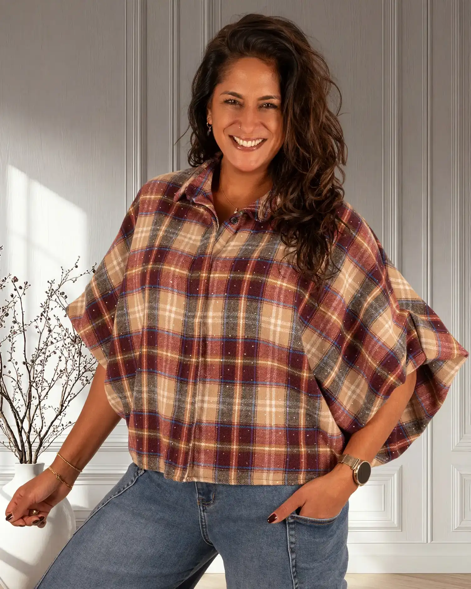 Bordeaux/camel geruite flanellen oversized blouse strass van GR - Afbeelding 4
