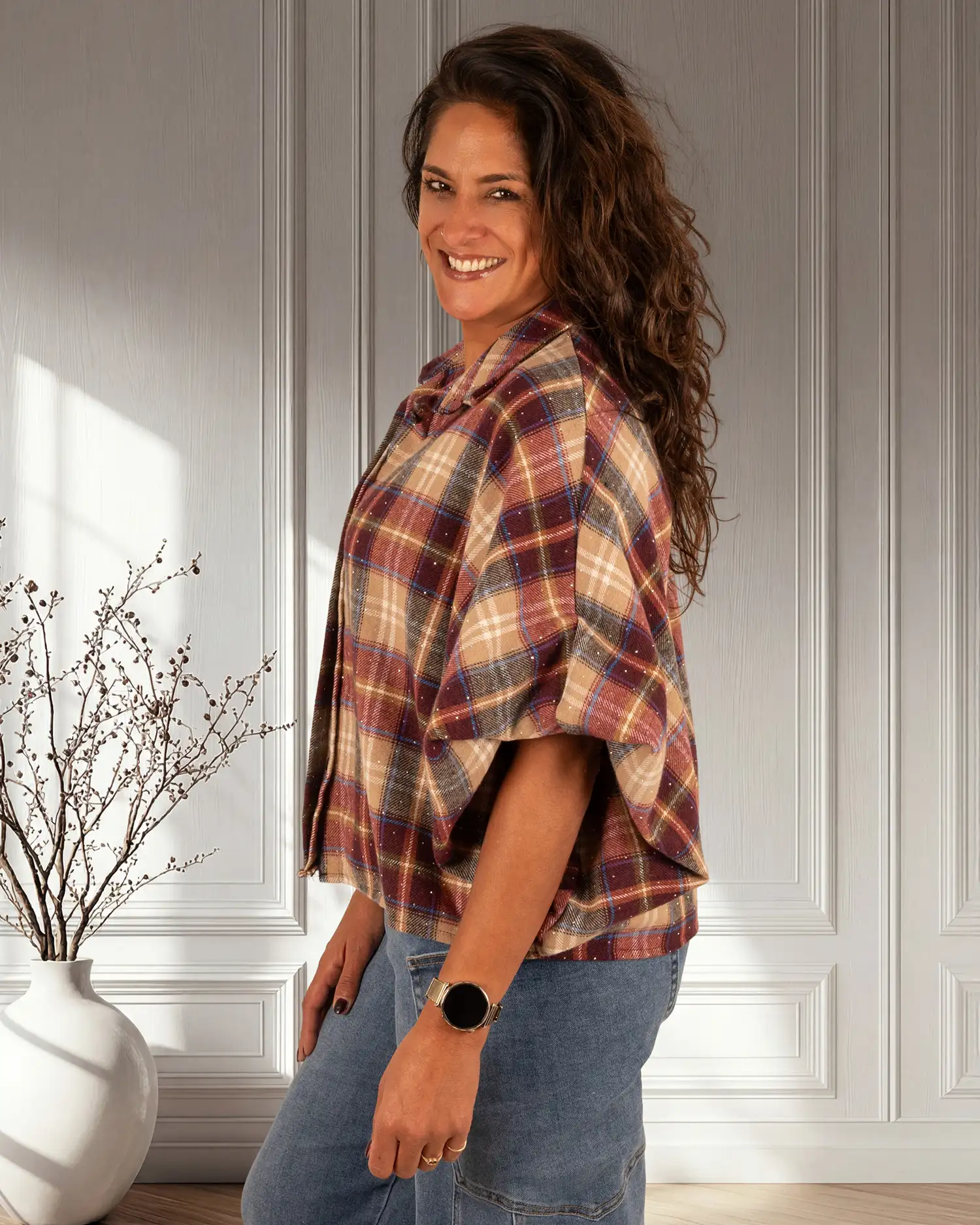 Bordeaux/camel geruite flanellen oversized blouse strass van GR - Afbeelding 5