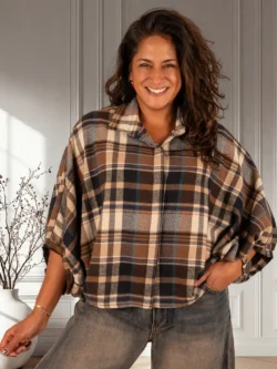 Blauw/ecru/bruin geruite flanellen oversized blouse van El-Vita