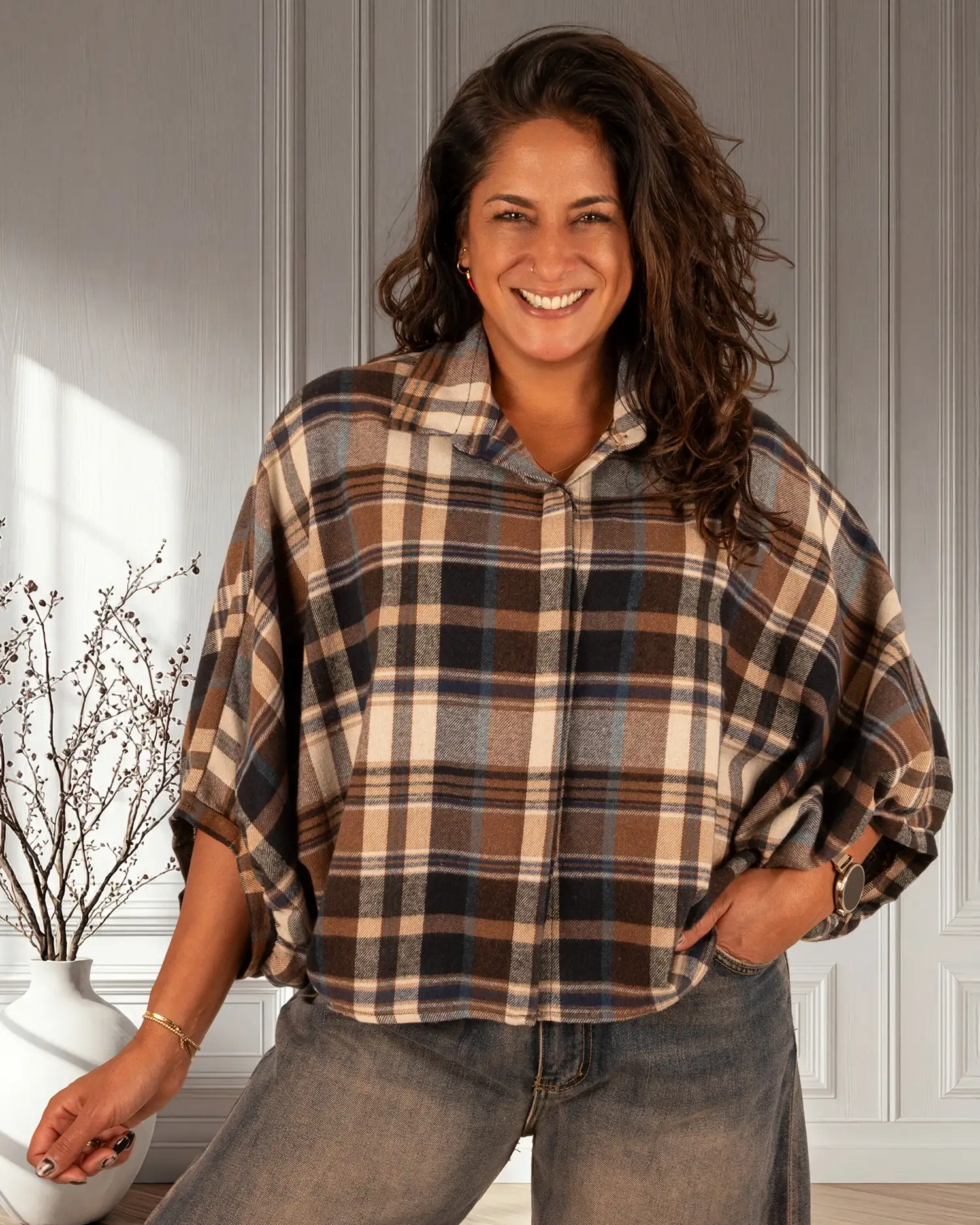 Blauw/ecru/bruin geruite flanellen oversized blouse van El-Vita