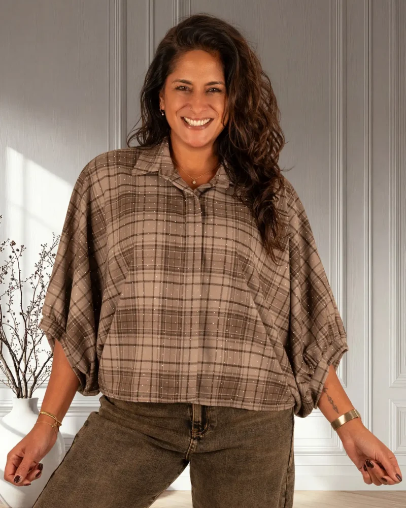 Taupe/bruin geruite flanellen oversized blouse strass van Vera Jo