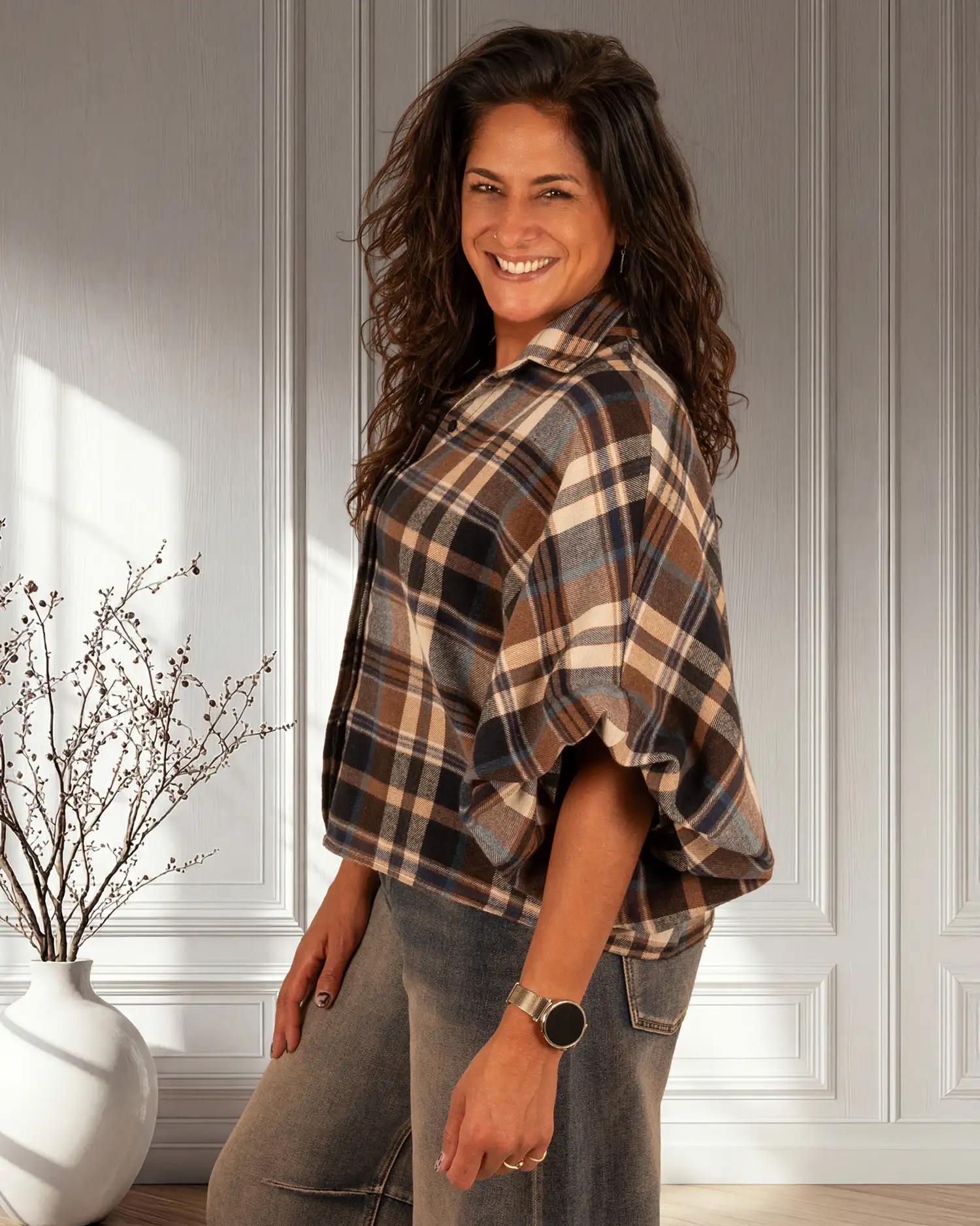 Blauw/ecru/bruin geruite flanellen oversized blouse van El-Vita - Afbeelding 5