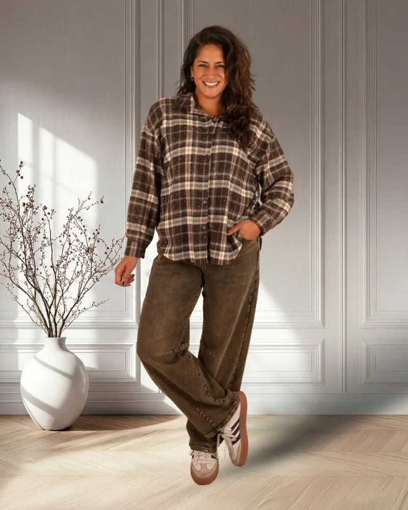 Donkerbruin/ecru geruite flanellen blouse strass van GR - Afbeelding 2