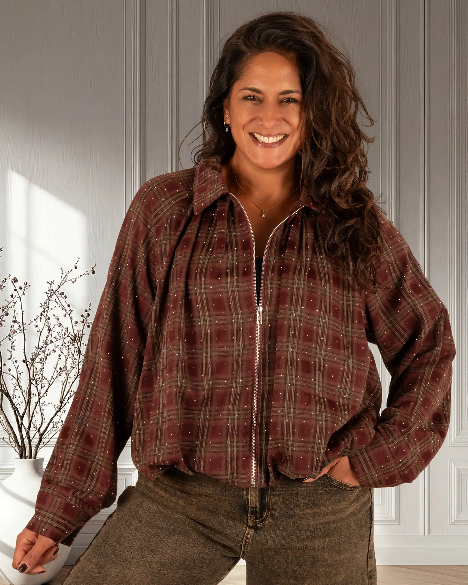 Bordeaux geruite ballon bomberjack strass van My Fave