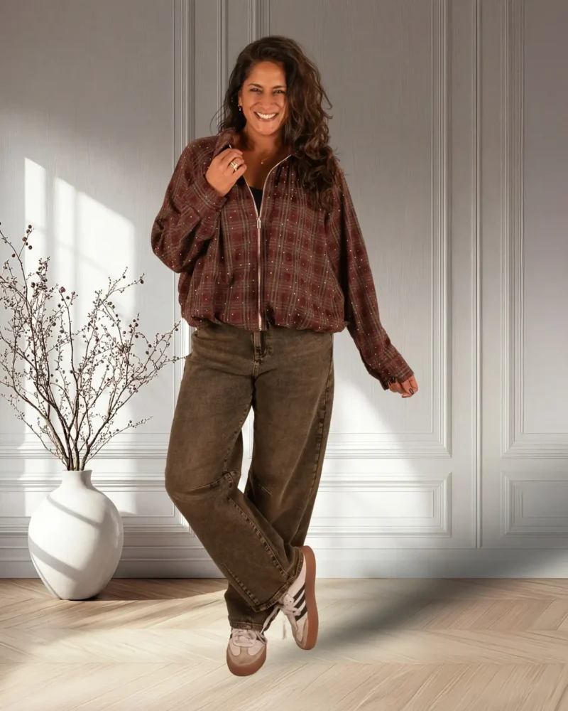 Bordeaux geruite ballon bomberjack strass van My Fave - Afbeelding 2