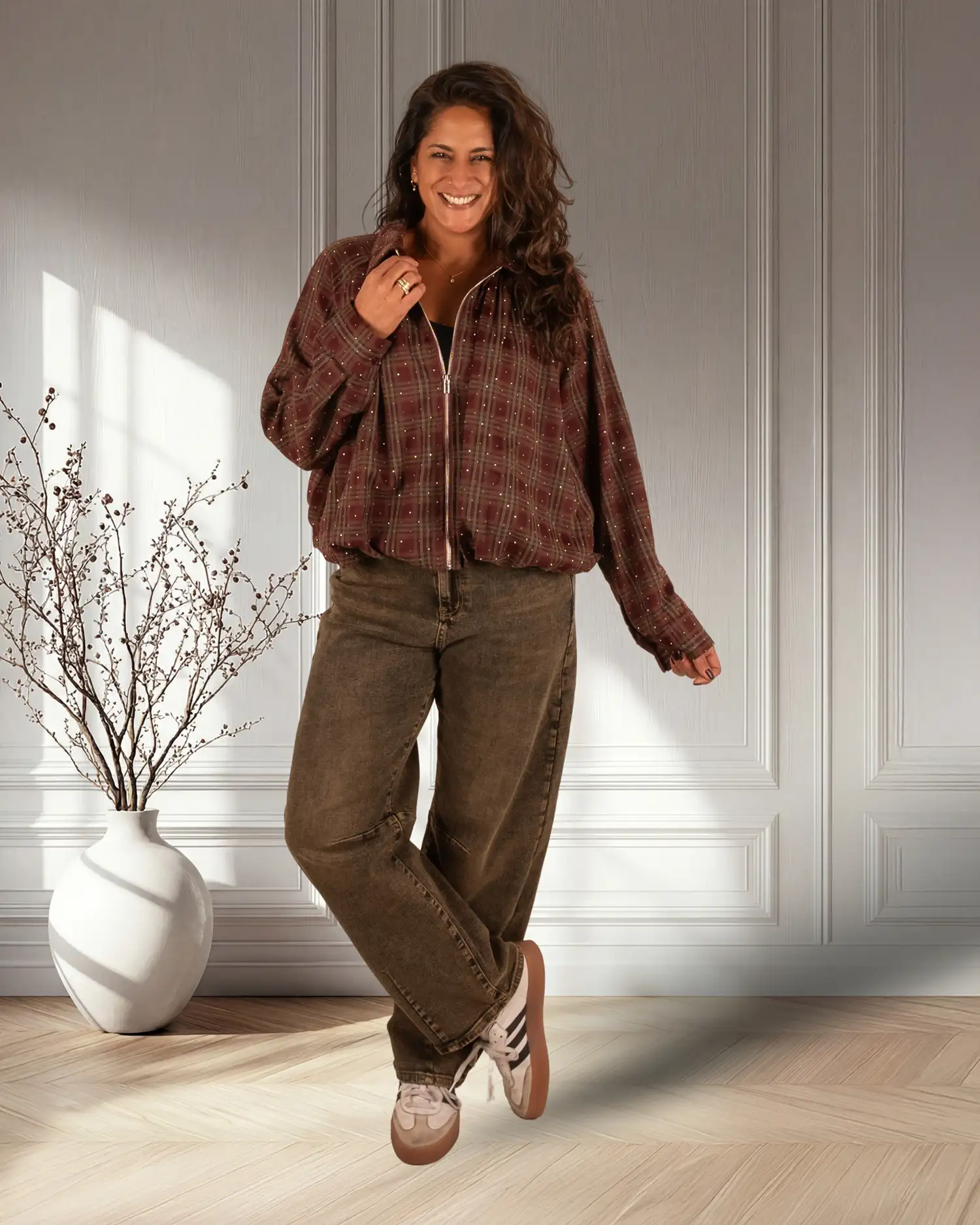 Bordeaux geruite ballon bomberjack strass van My Fave - Afbeelding 2