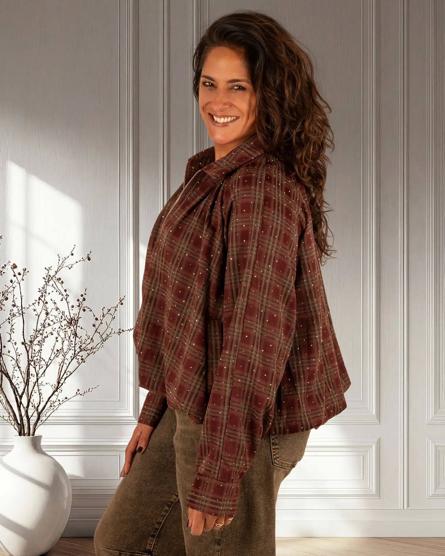 Bordeaux geruite ballon bomberjack strass van My Fave - Afbeelding 4