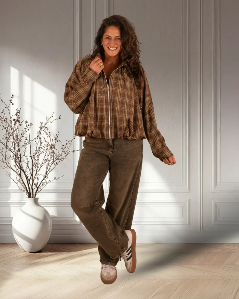 Bruin geruite ballon bomberjack strass van My Fave - Afbeelding 2