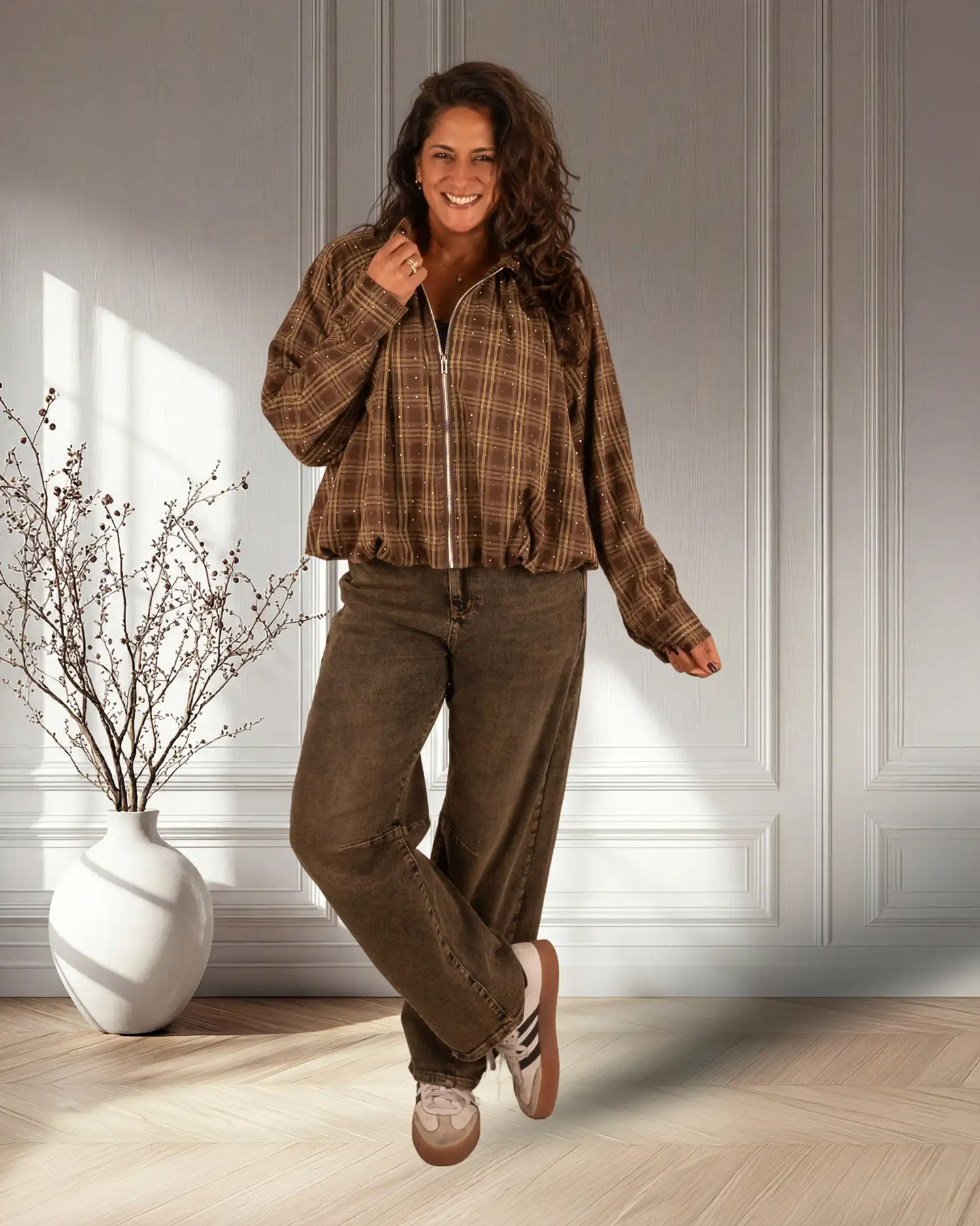 Bruin geruite ballon bomberjack strass van My Fave - Afbeelding 2
