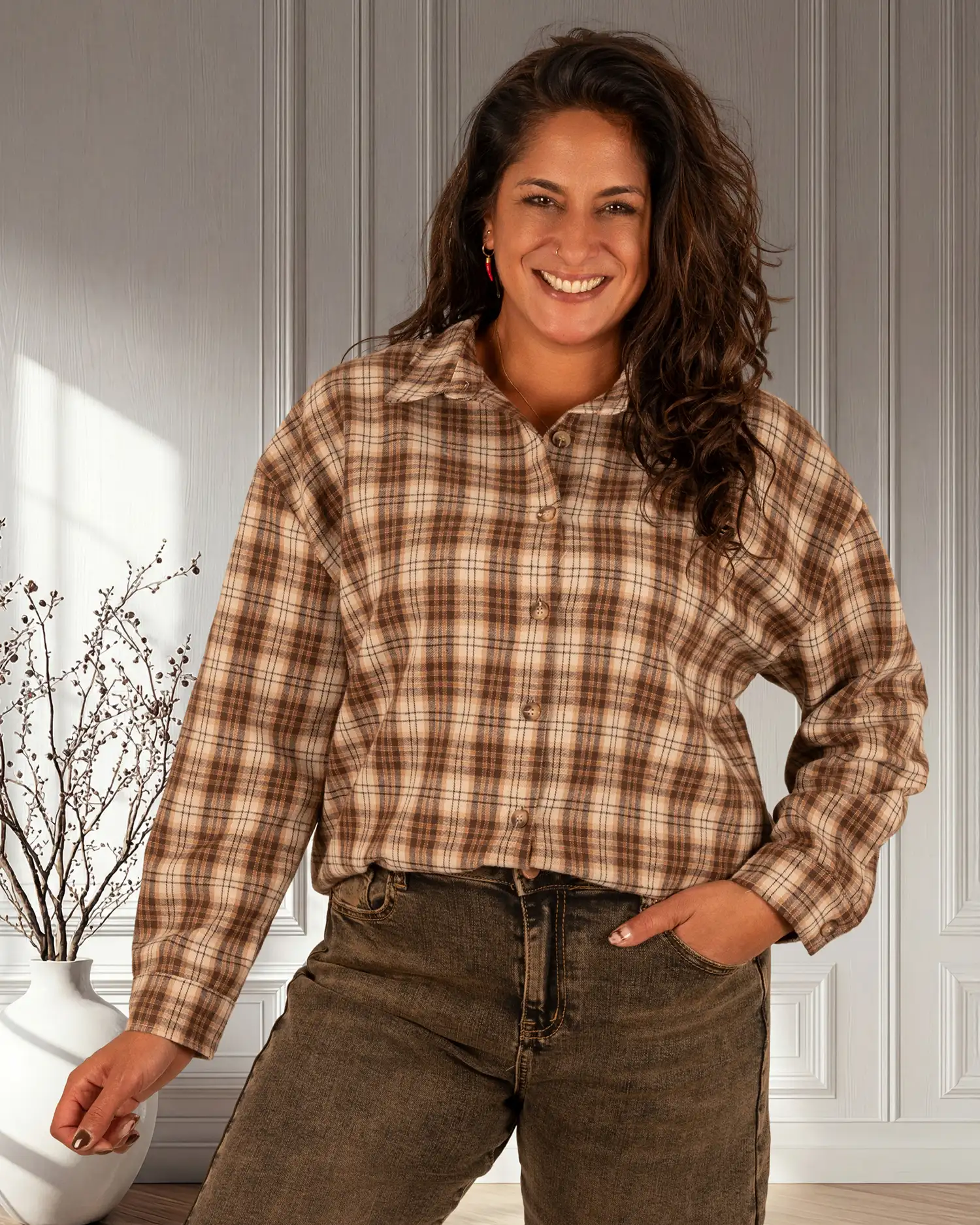 Beige/bruin geruite flanellen blouse "Iconic"van Westeene - Afbeelding 5