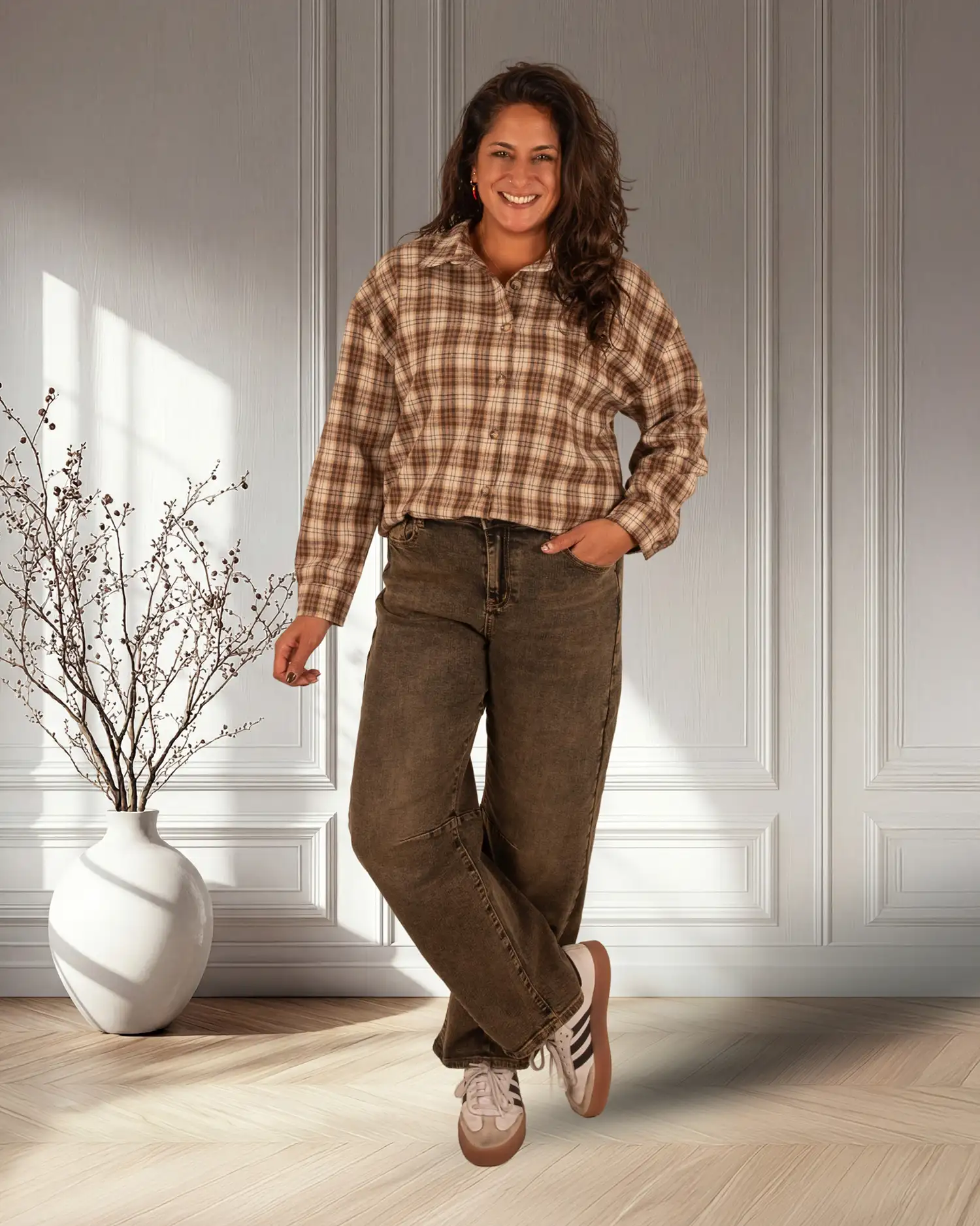 Beige/bruin geruite flanellen blouse "Iconic"van Westeene - Afbeelding 3